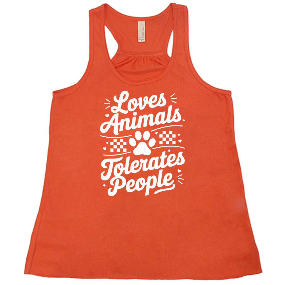 Coral colored flowy tank with paw print and whickers graphic on it that says "Loves Animals Tolerates People"