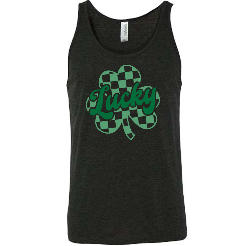 black shirt with a checkered shamrock graphic on it