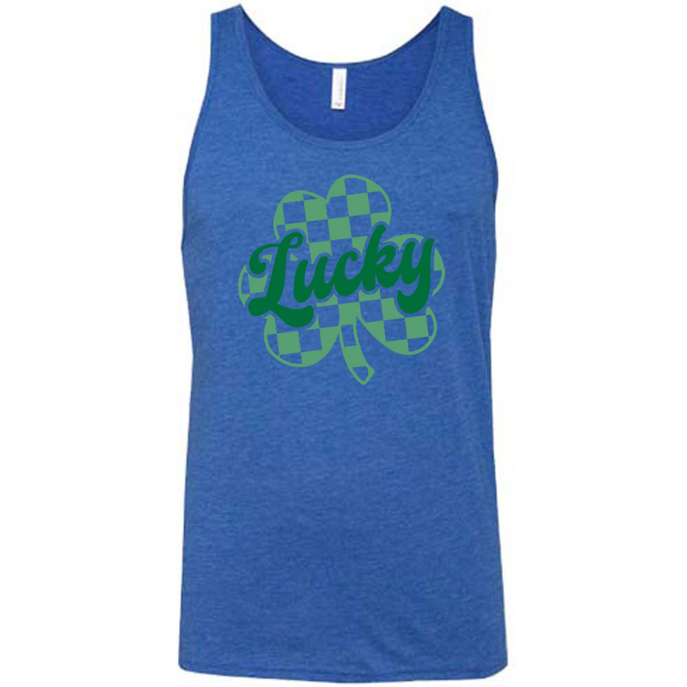 blue shirt with a checkered shamrock graphic on it