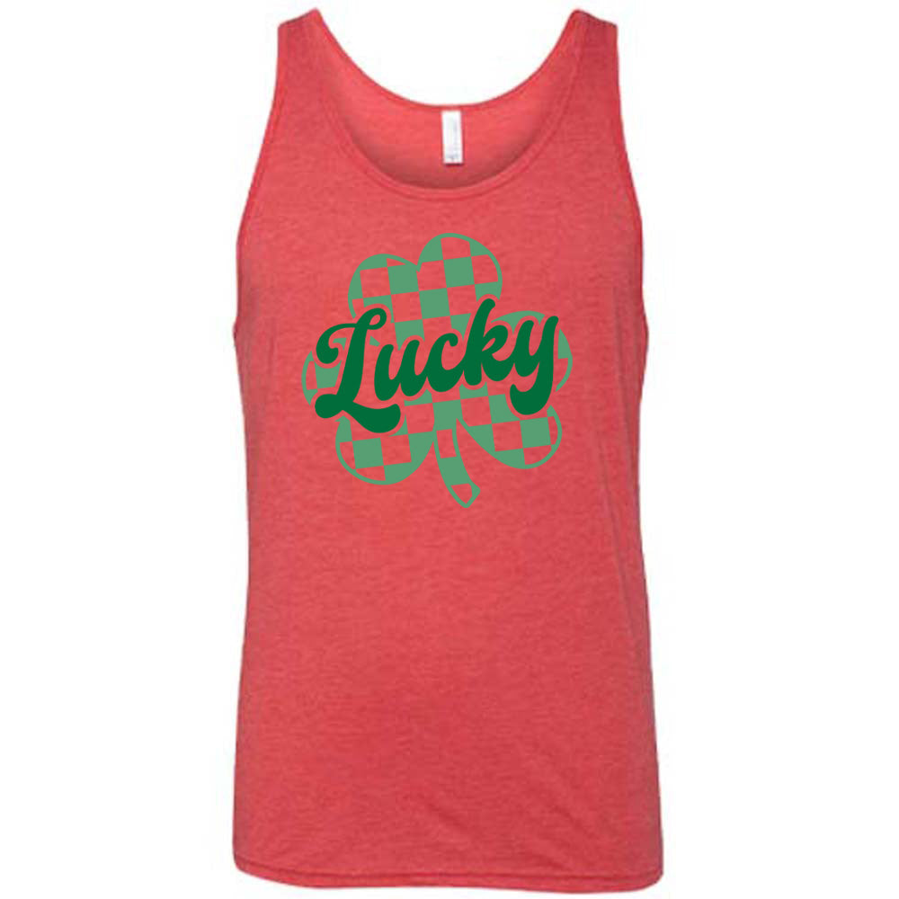 red shirt with a checkered shamrock graphic on it