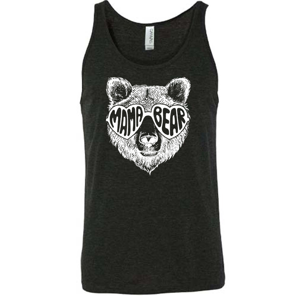 Black colored tank with a bear wearing heart-shaped glasses graphic on it that says "Mama Bear"