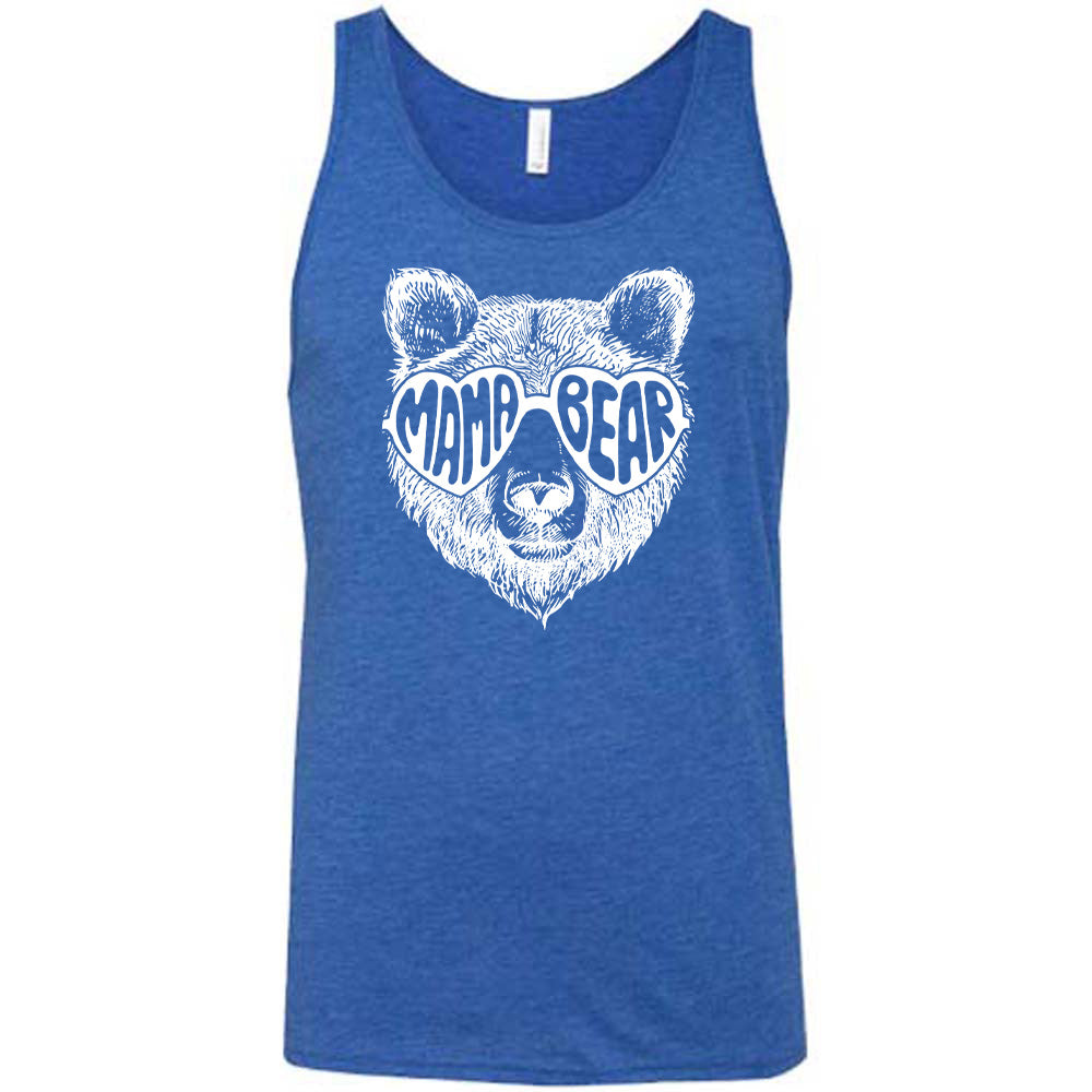 Blue colored tank with a bear wearing heart-shaped glasses graphic on it that says "Mama Bear"