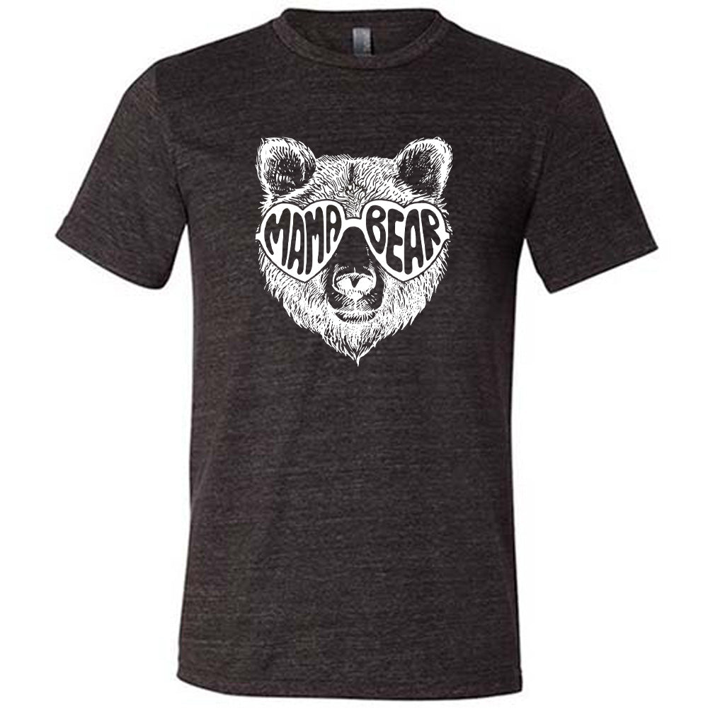 Black colored shirt with a bear wearing heart-shaped glasses graphic on it that says "Mama Bear"