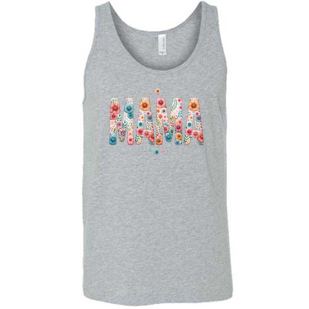 Grey colored tank with a floral patterned graphic on it that says "MAMA"