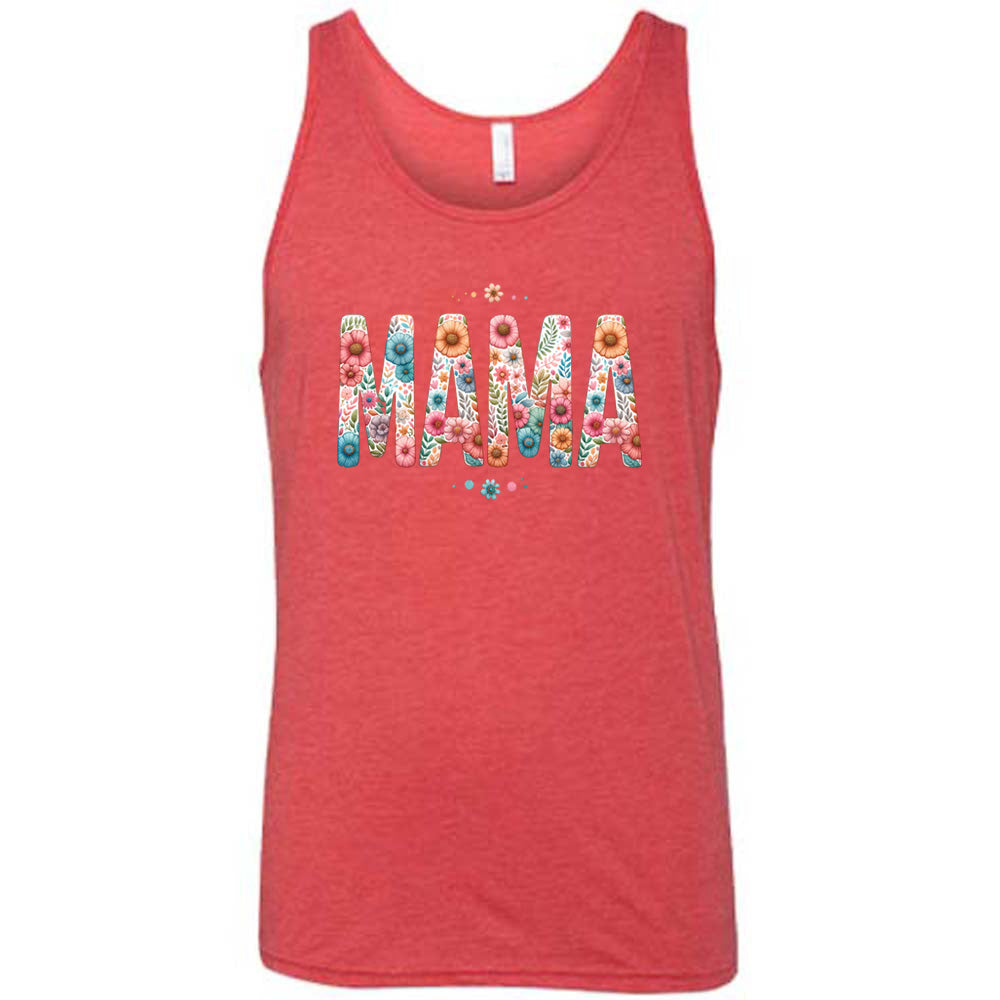 Red colored tank with a floral patterned graphic on it that says "MAMA"