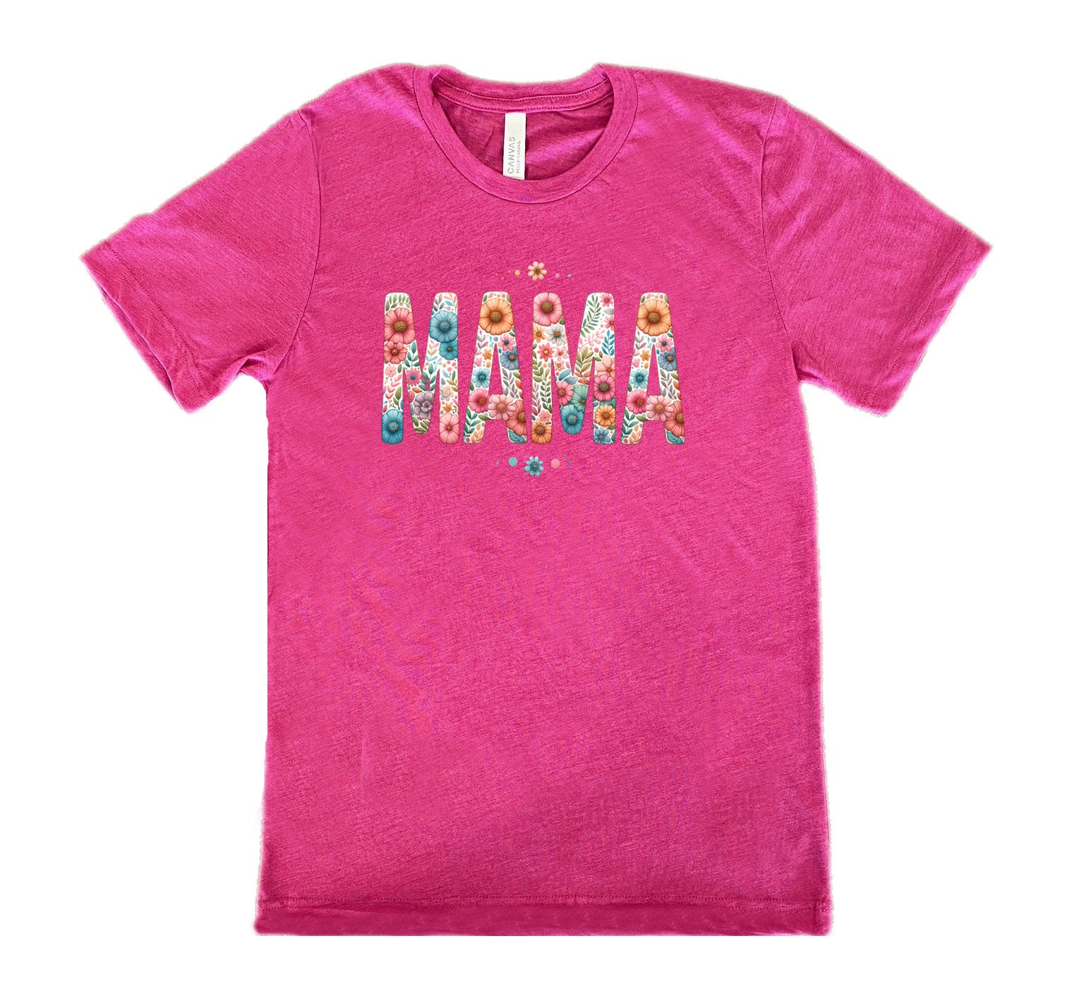 Berry colored shirt with a floral patterned graphic on it that says "MAMA"