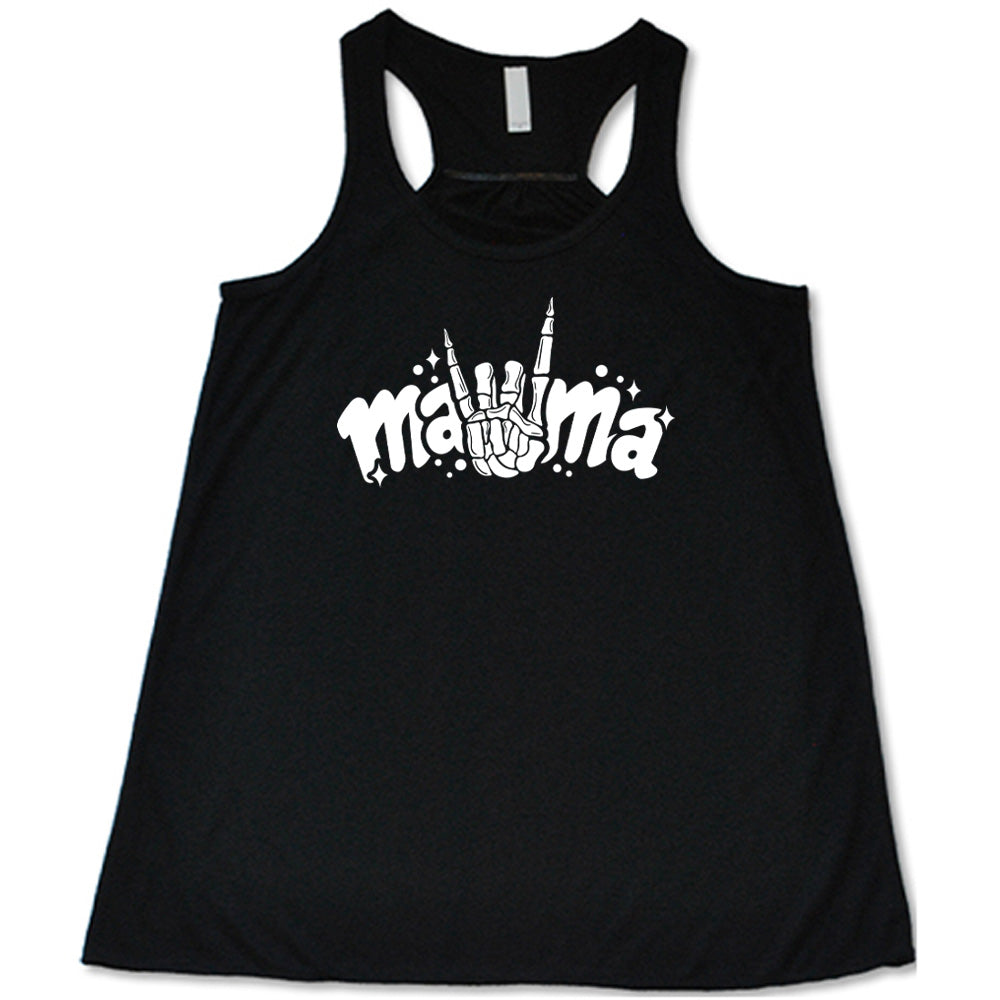 Black colored flowy tank with a skeleton hand horns graphic on it that says "mama"