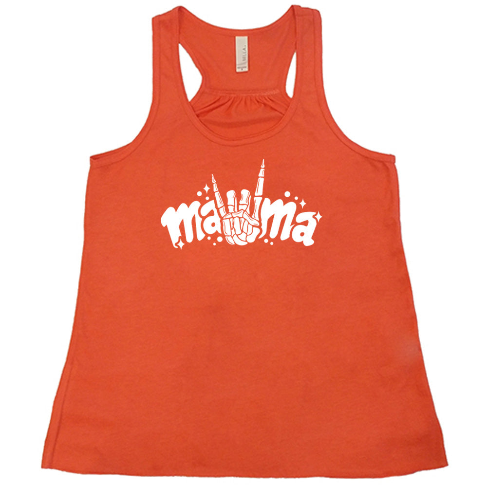 Coral colored flowy tank with a skeleton hand horns graphic on it that says "mama"