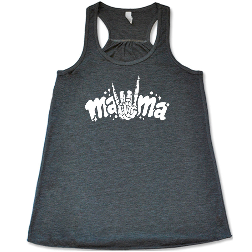 Grey colored flowy tank with a skeleton hand horns graphic on it that says "mama"