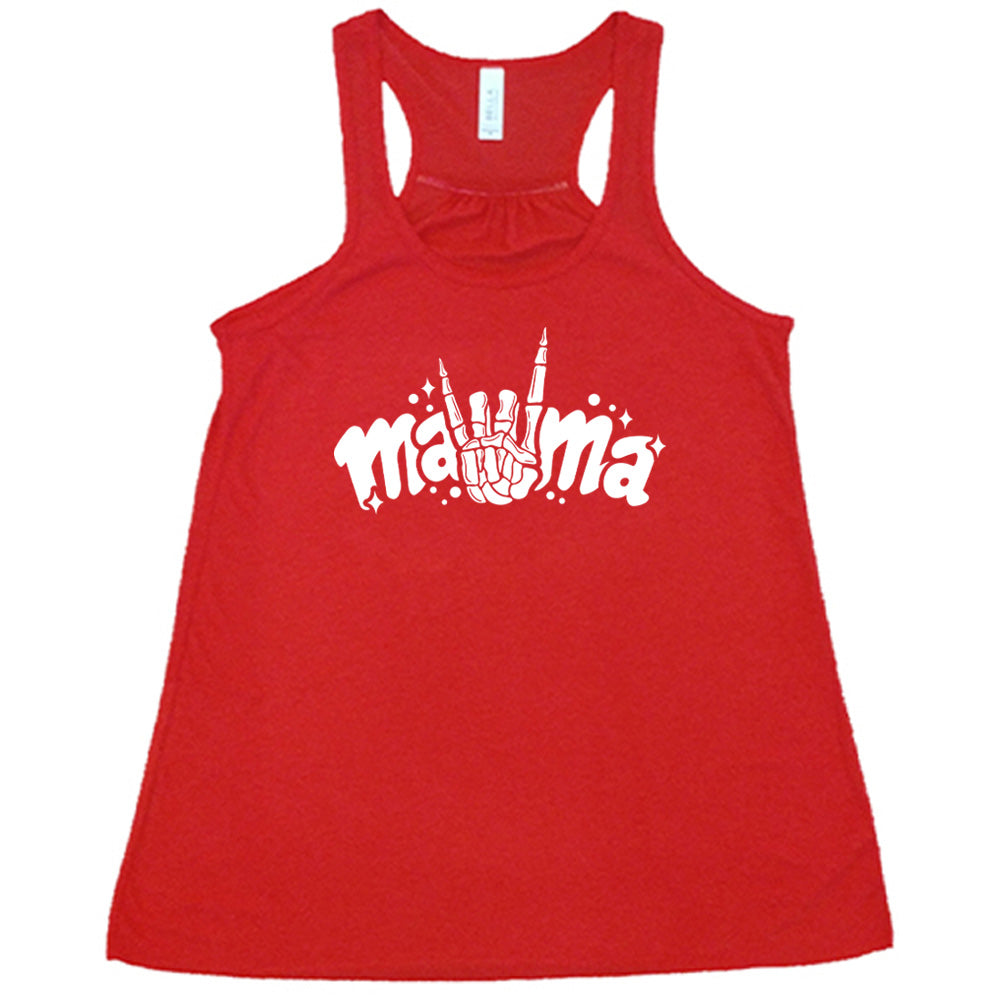 Red colored flowy tank with a skeleton hand horns graphic on it that says "mama"