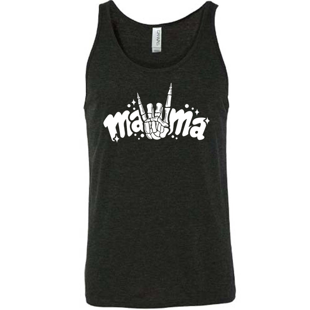 Black colored tank with a skeleton hand horns graphic on it that says "mama"