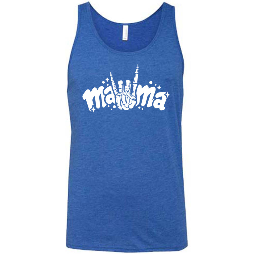 Blue colored tank with a skeleton hand horns graphic on it that says "mama"