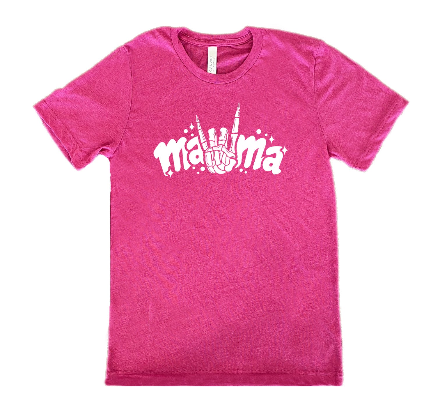 Berry colored shirt with a skeleton hand horns graphic on it that says "mama"
