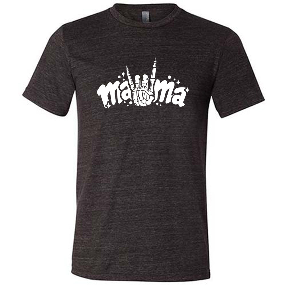 Black colored shirt with a skeleton hand horns graphic on it that says "mama"