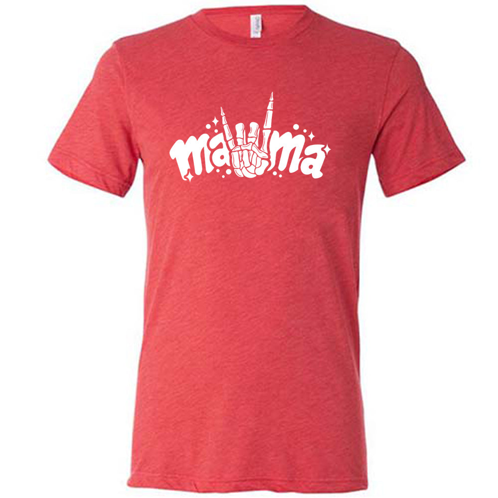 Red colored shirt with a skeleton hand horns graphic on it that says "mama"