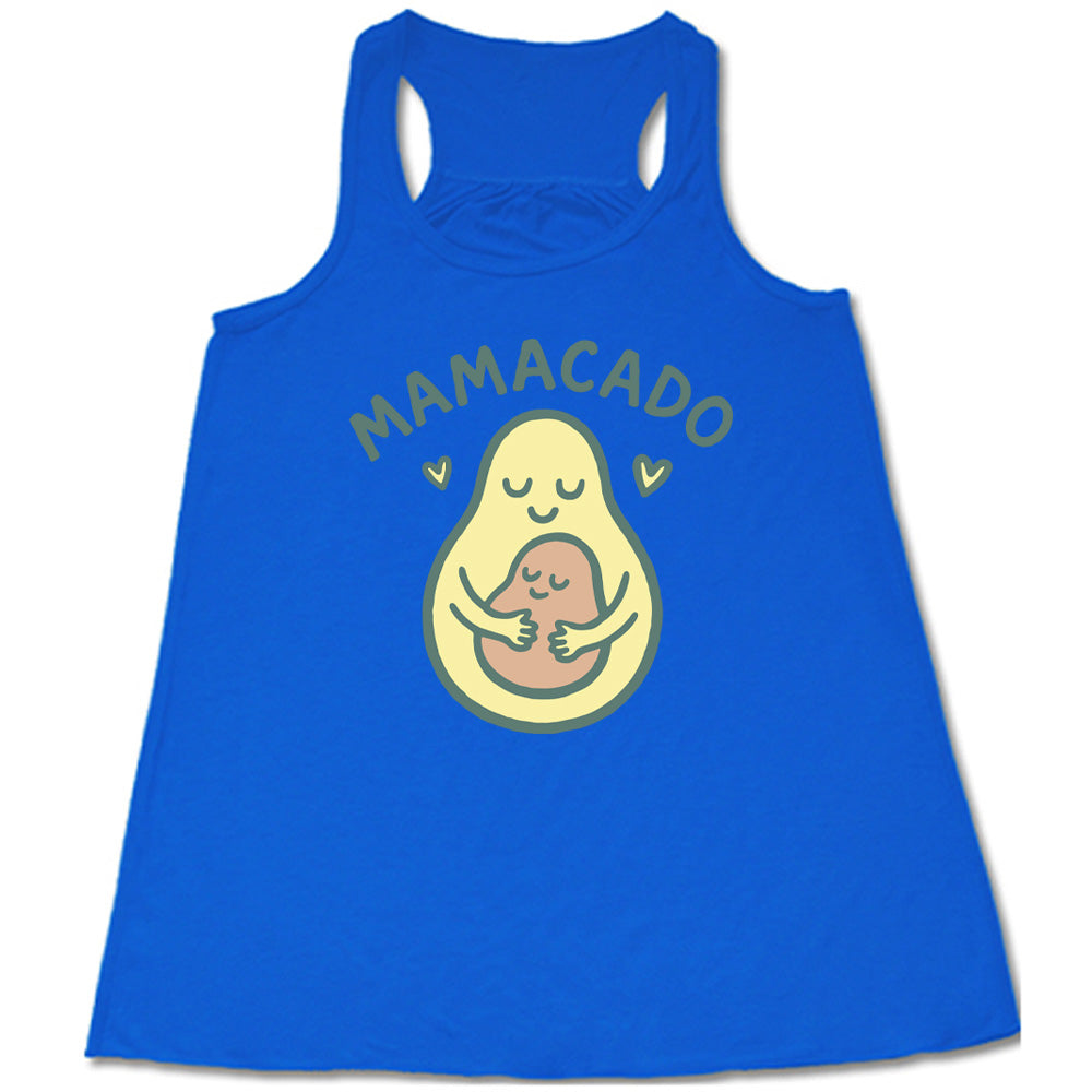 blue racerback flowy tank with the words "mamacado" on it, with the graphic of an avocado, peacefully smiling, with arms, holding her smiling baby (the color and placement of the avocado pit - but in the shape of an avocado), with a little heart on either side