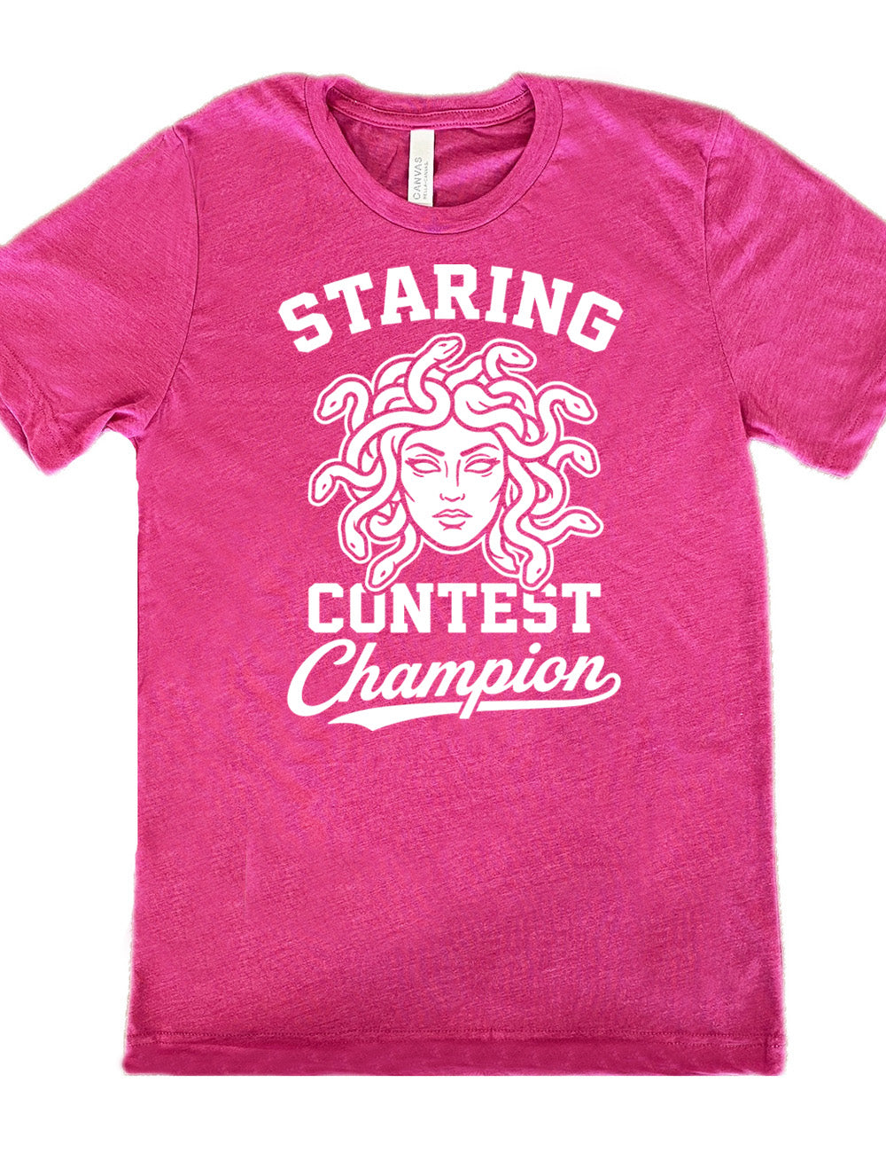 berry unisex tee with words surrounding the graphic of medusa's head saying "staring contest champion"