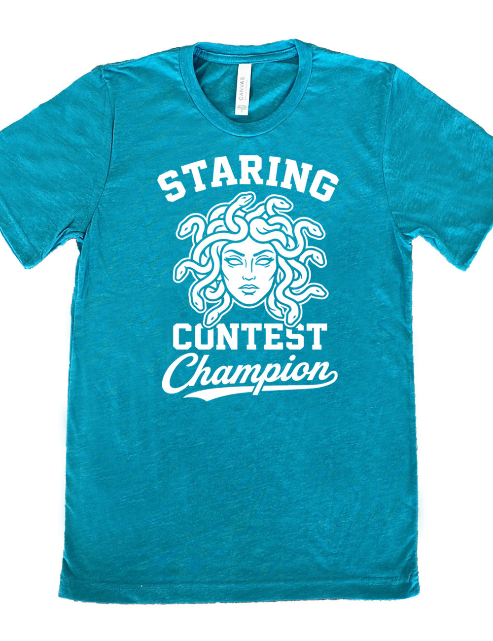 teal unisex tee with words surrounding the graphic of medusa's head saying "staring contest champion"