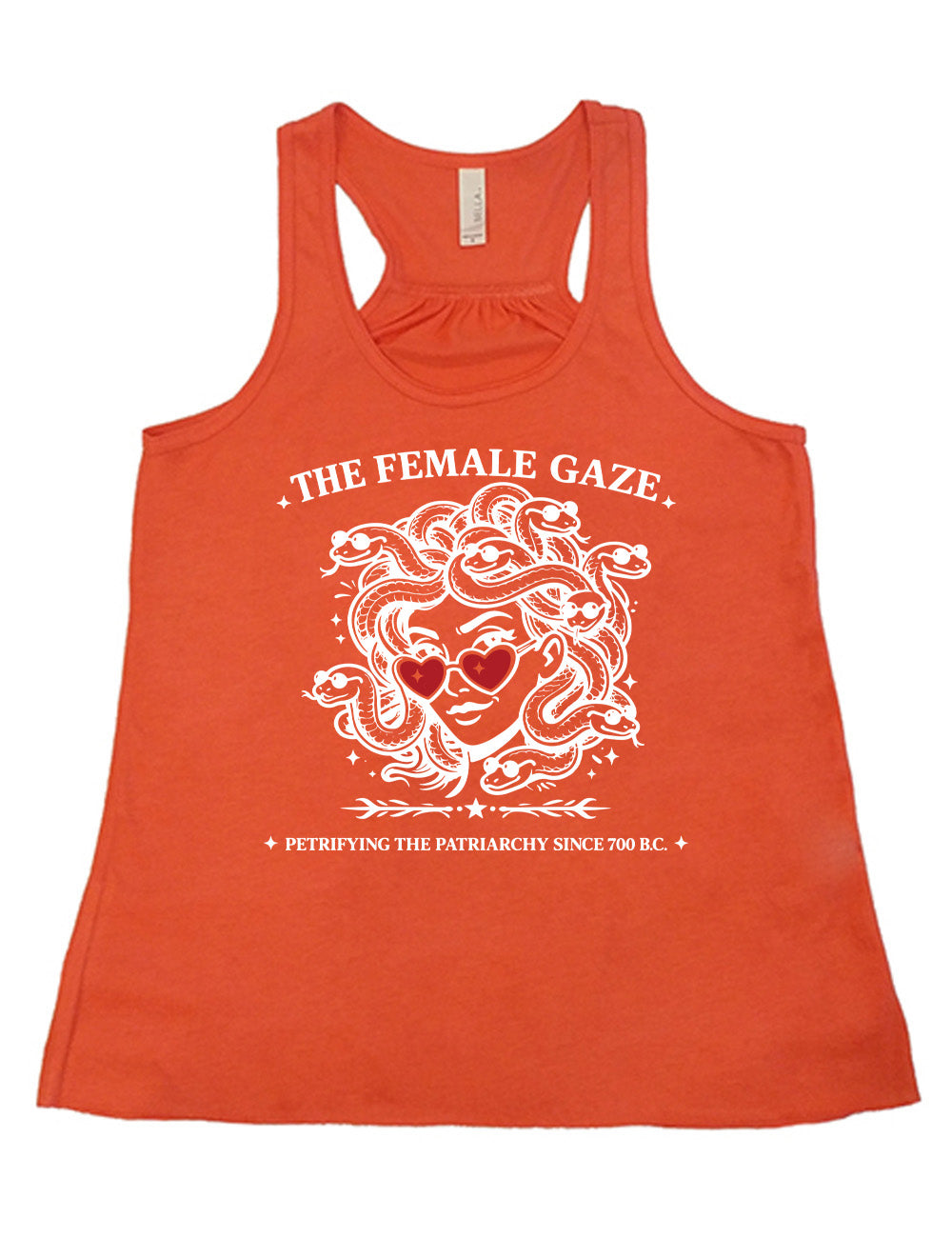 coral flowy racerback tank with the detailed graphic of medusa, wearing red heart sunglasses, with sunglass-wearing snakes for hair, and the words above saying "THE FEMALE GAZE" with a little star on either end, and the smaller words below saying "petrifying the patriarchy since 700 B.C."