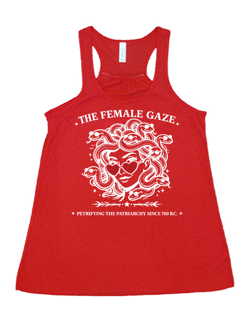 red flowy racerback tank with the detailed graphic of medusa, wearing red heart sunglasses, with sunglass-wearing snakes for hair, and the words above saying "THE FEMALE GAZE" with a little star on either end, and the smaller words below saying "petrifying the patriarchy since 700 B.C."