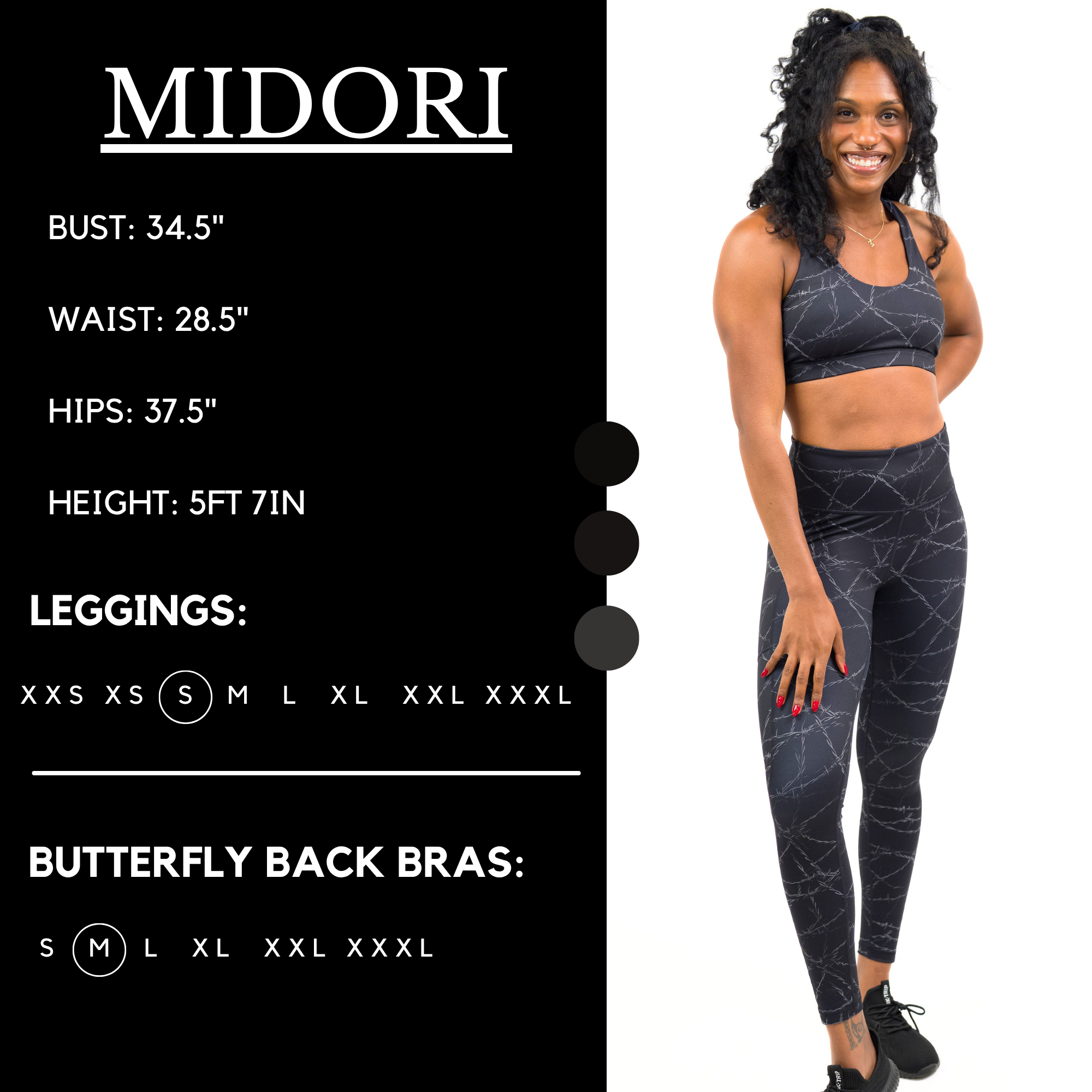 Model’s measurements of 34.5” bust, 28.5” waist, 37.5” hips and height of 5 ft 7 inches. She is wearing a size small in our leggings