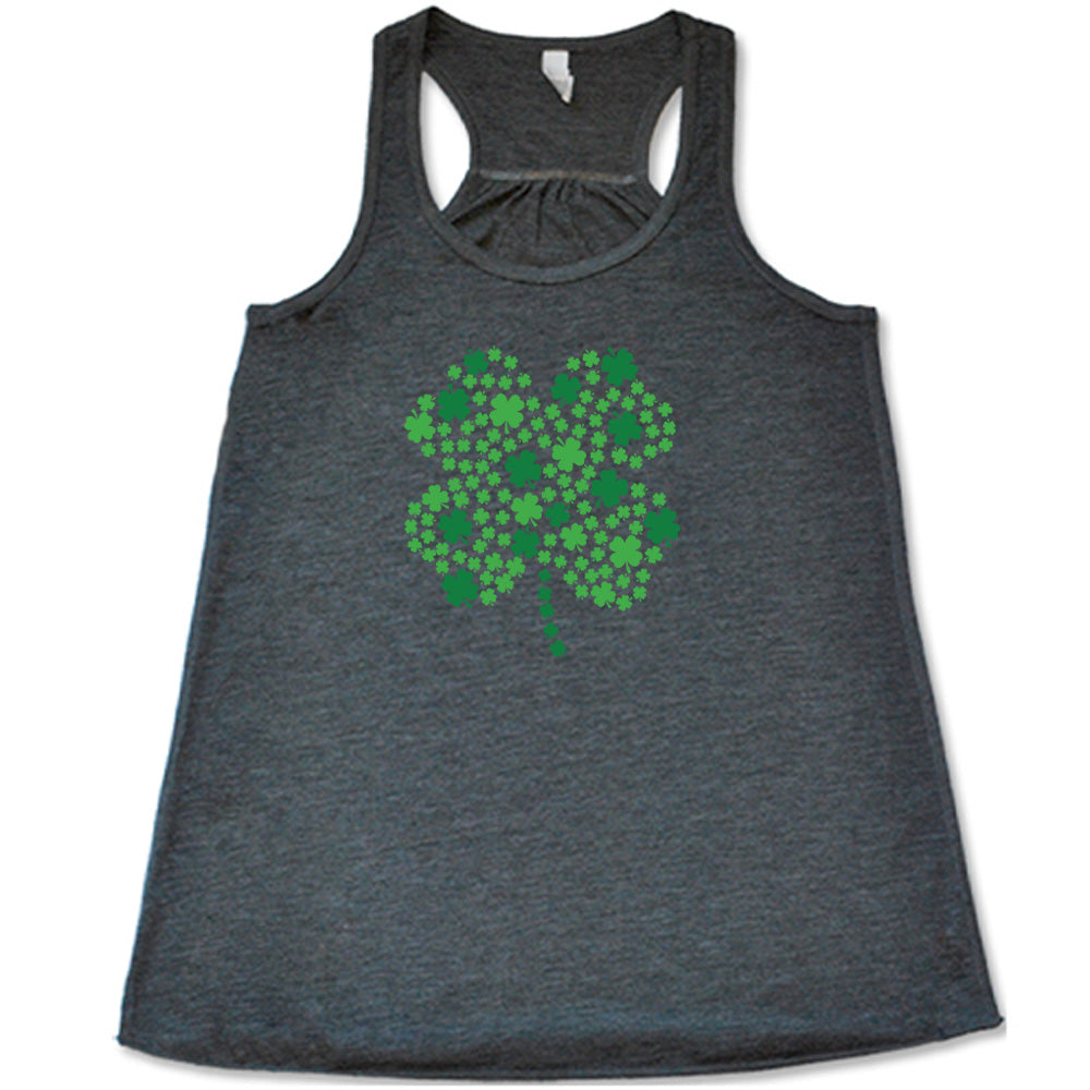 grey shirt with a shamrock graphic on it