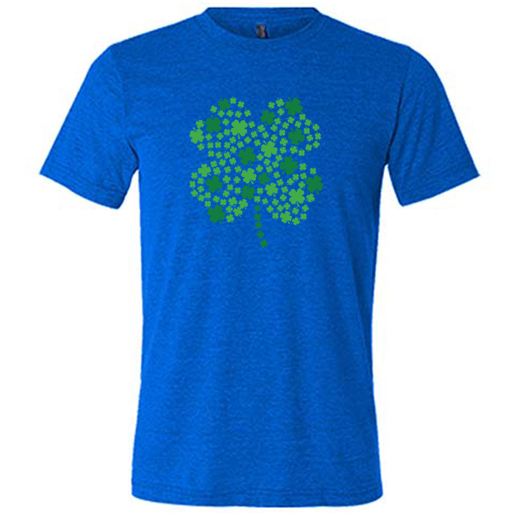 blue shirt with a shamrock graphic on it