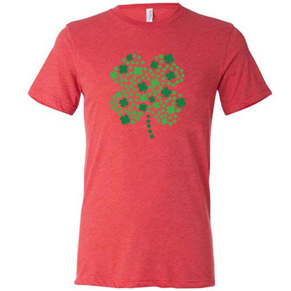 red shirt with a shamrock graphic on it