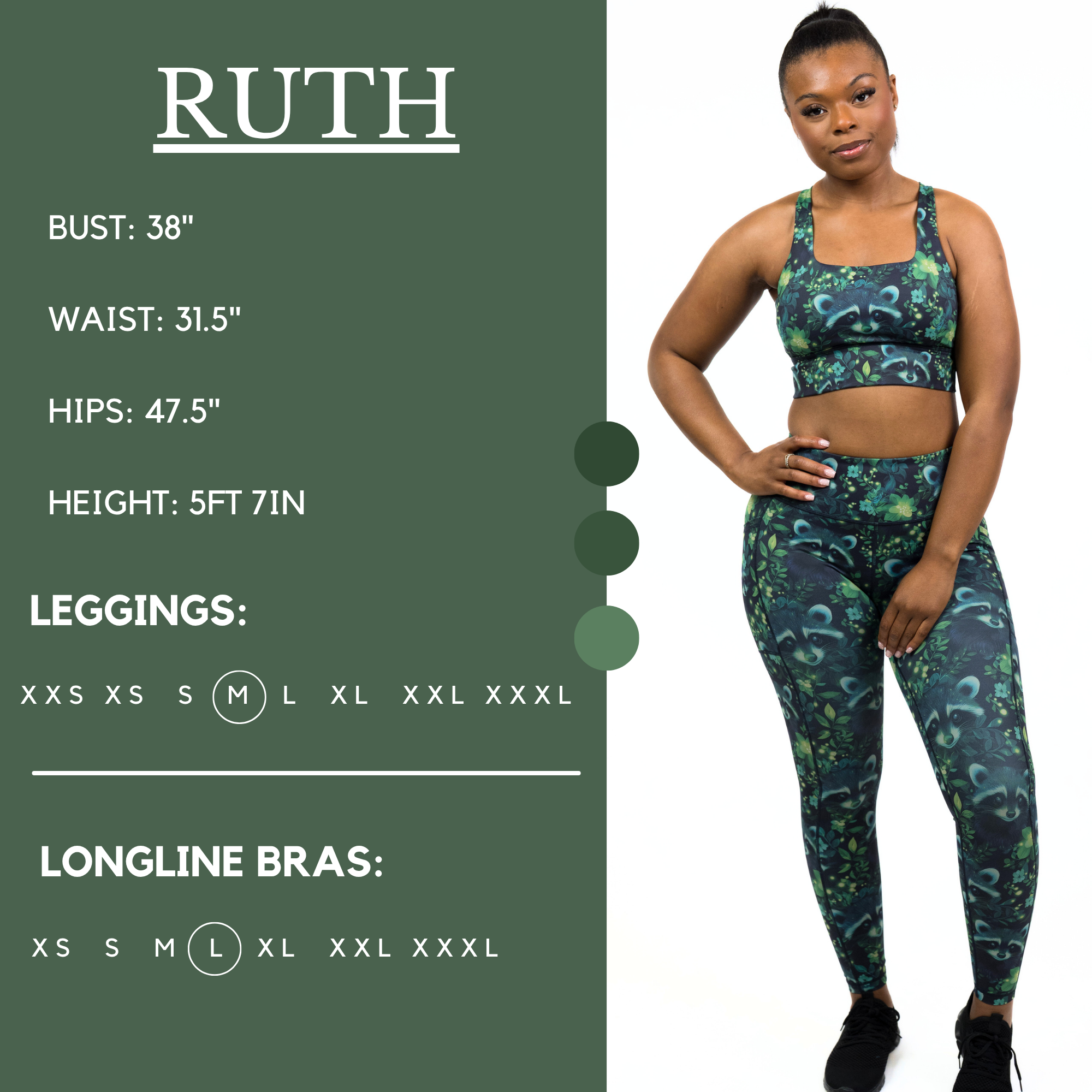 Model’s measurements of 38” bust, 31.5” waist, 47.5” hips and height of 5 ft 7 inches. She is wearing a size medium in our leggings