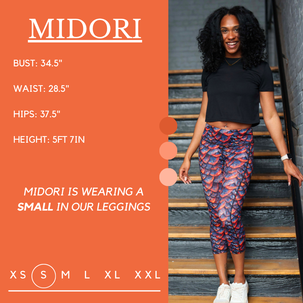 Model’s measurements of 34.5” bust, 28.5” waist, 37.5” hips and height of 5 ft 7 inches. She is wearing a size small in our leggings