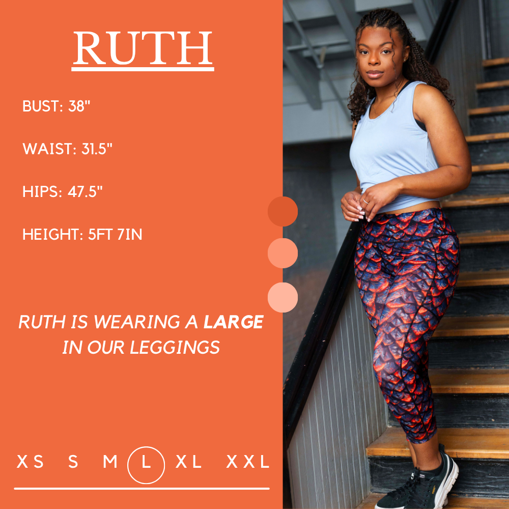 Model’s measurements of 37.5” bust, 31.5” waist, 47.5” hips and height of 5 ft 7 inches. She is wearing a size large in our leggings