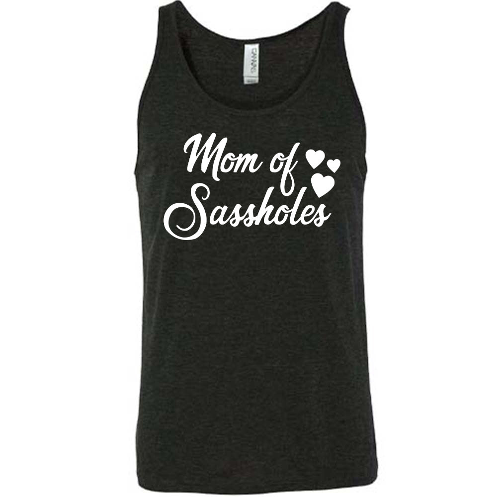 black unisex tank with the words "mom of sassholes" on it, with three little stars next to the words