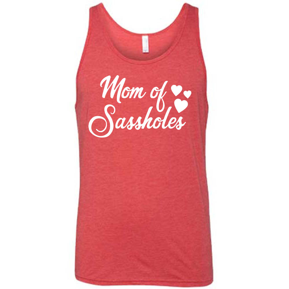 red unisex tank with the words "mom of sassholes" on it, with three little stars next to the words