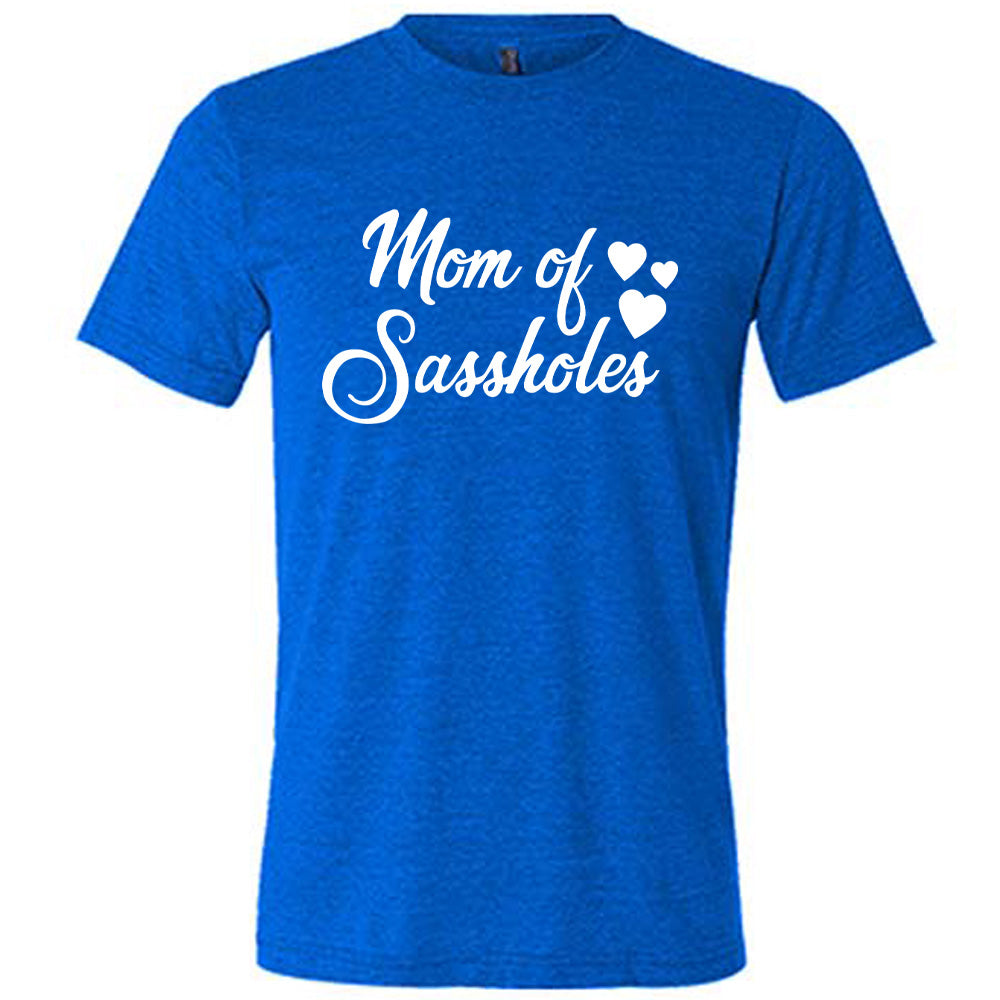 blue unisex tee with the words "mom of sassholes" on it, with three little stars next to the words