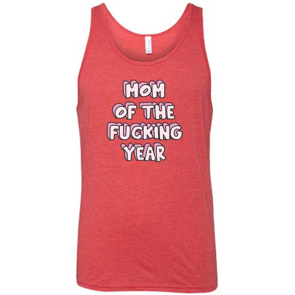 Red colored tank with a graphic on it that says "Mom of the Fucking Year"