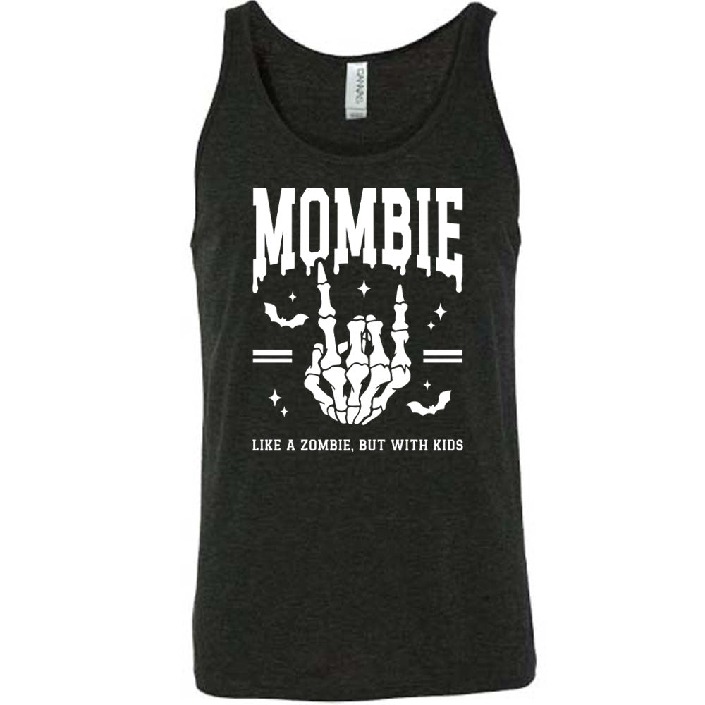 black unisex tank with the big word "mombie" on it, with the graphic of a skeletal hand giving the rocker sign, with a couple bats and a number of little stars, and two equal signs, with small words underneath it all saying "like a zombie, but with kids"
