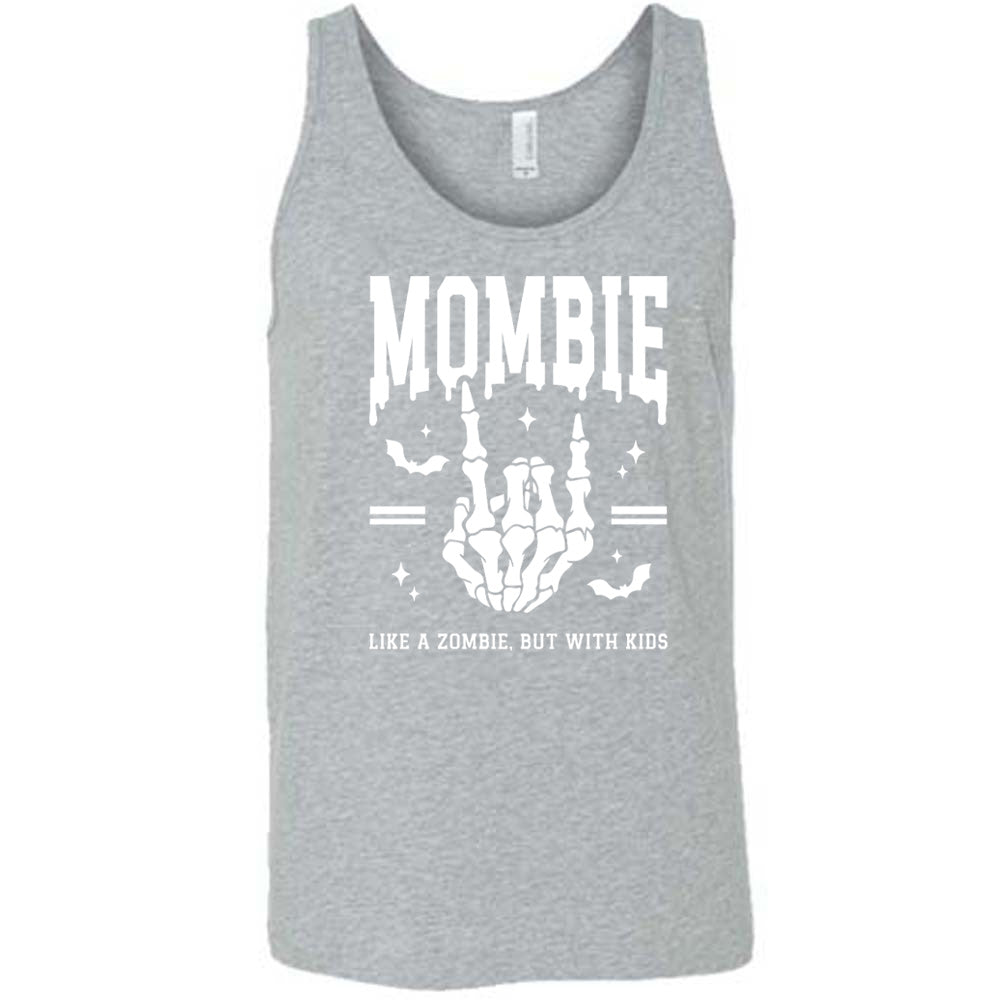 grey unisex tank with the big word "mombie" on it, with the graphic of a skeletal hand giving the rocker sign, with a couple bats and a number of little stars, and two equal signs, with small words underneath it all saying "like a zombie, but with kids"