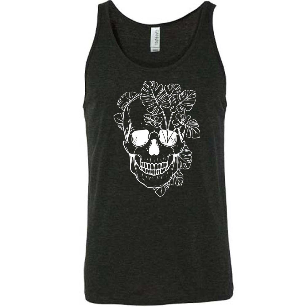 Black colored tank with a monstera plant and skull graphic on it
