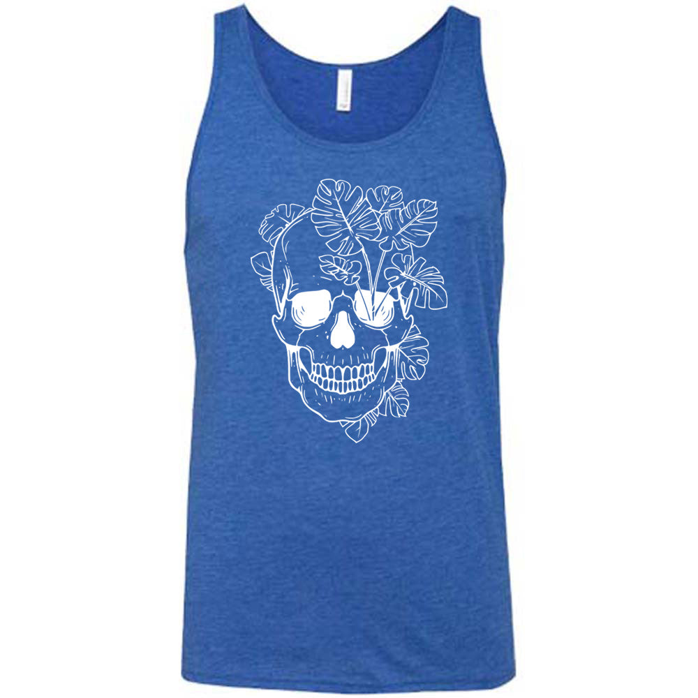 Blue colored tank with a monstera plant and skull graphic on it