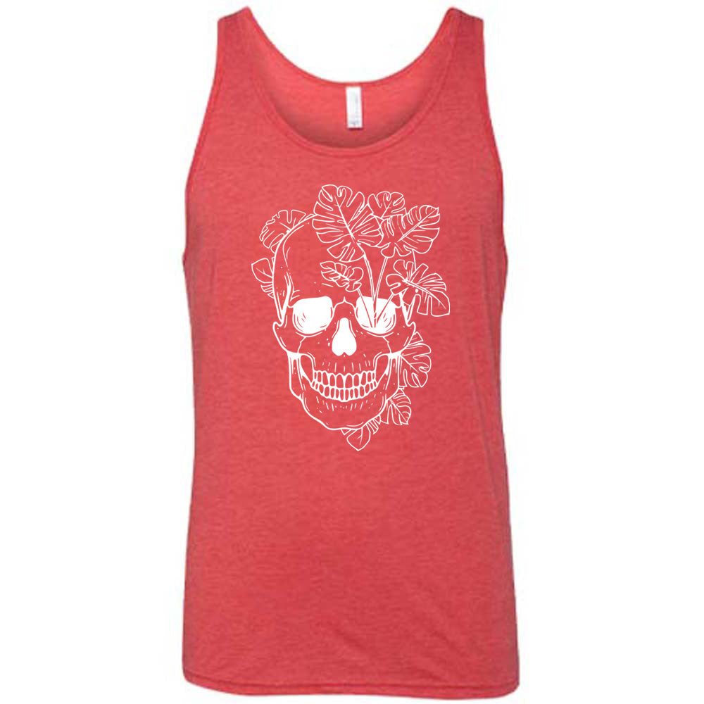 Red colored tank with a monstera plant and skull graphic on it