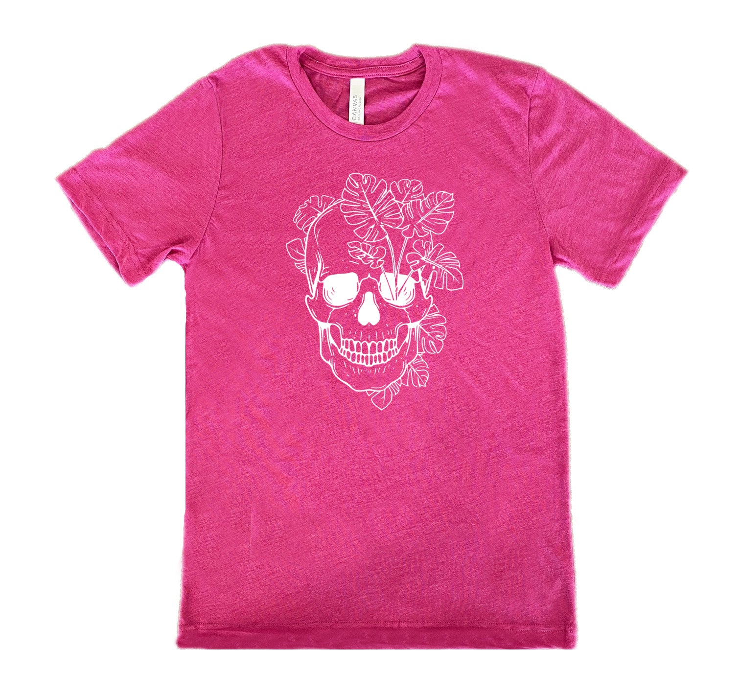 Berry colored shirt with a monstera plant and skull graphic on it
