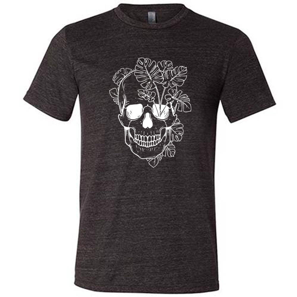 Black colored shirt with a monstera plant and skull graphic on it