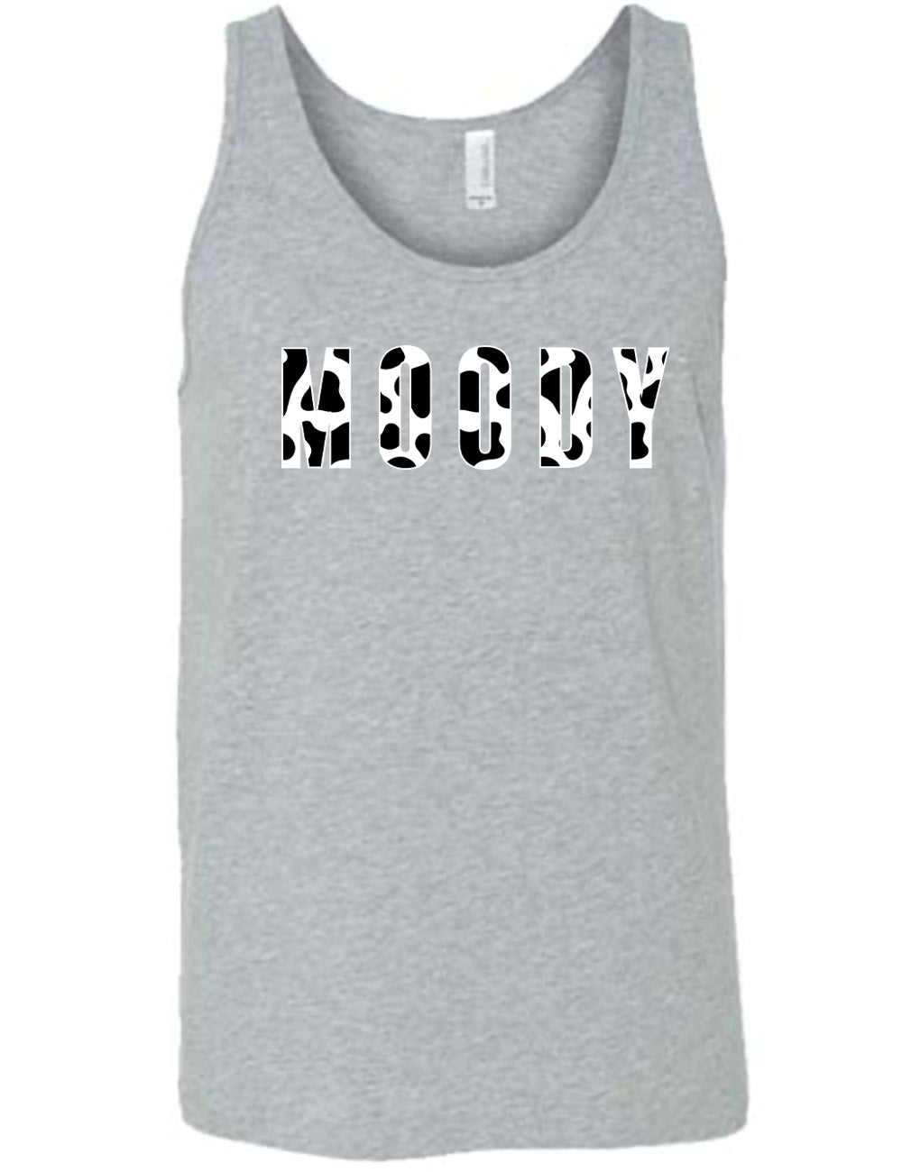 grey unisex tank with the word "moody" in all caps on it, with the font being cow print