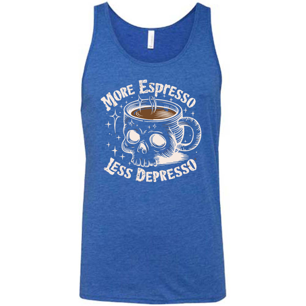 blue unisex tank with the words "more espresso less depresso on it, around the graphic of a skull-shaped mug full of a steaming beverage, with lots of little stars around