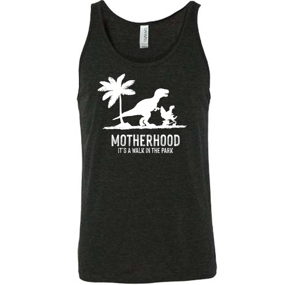 Black colored tank with a mother and child dinosaur graphic on it that says "Motherhood, Its a Walk in the Park"