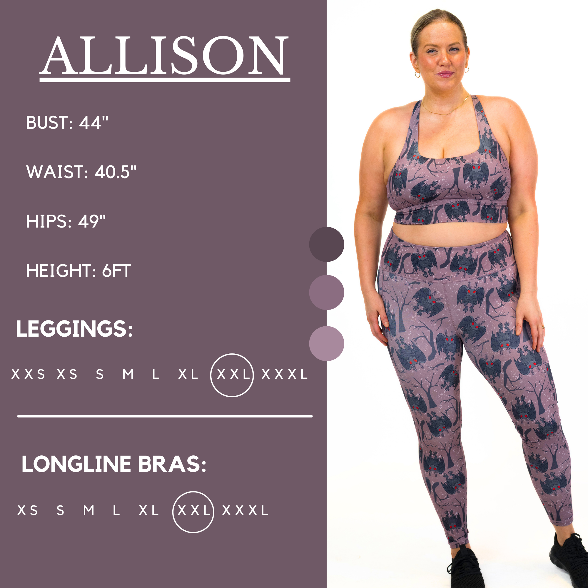 Model's measurements of 44 inch bust, 40.5 inch waist, 49 inch hips, and height of 6 foot. She is wearing a size xx-large in our leggings