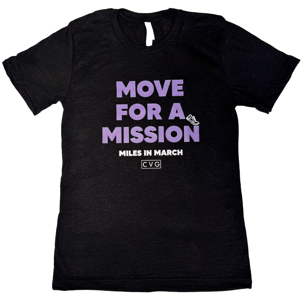 black shirt with the text "move for a mission" on it in purple