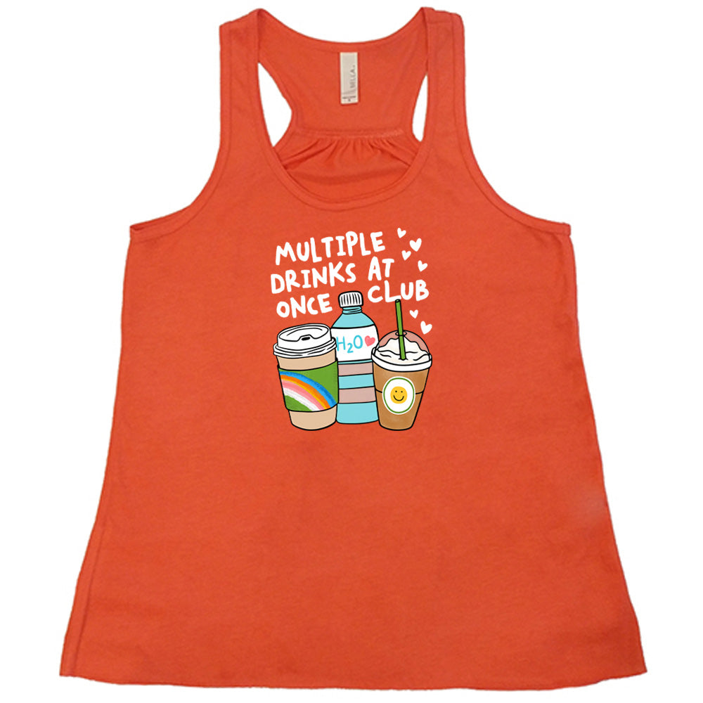Coral colored flowy tank with an assorted cup collection graphic on it that says "Multiple Drinks at Once Club"
