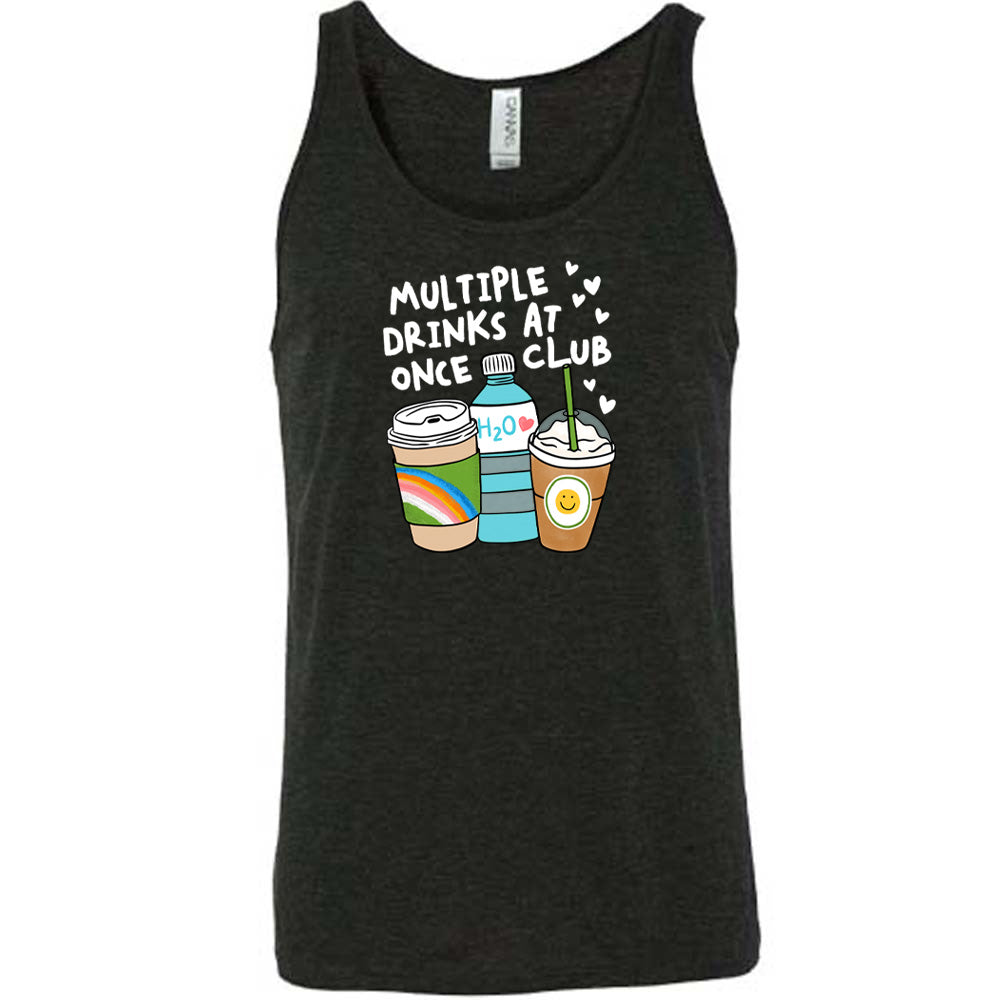 Black colored tank with an assorted cup collection graphic on it that says "Multiple Drinks at Once Club"