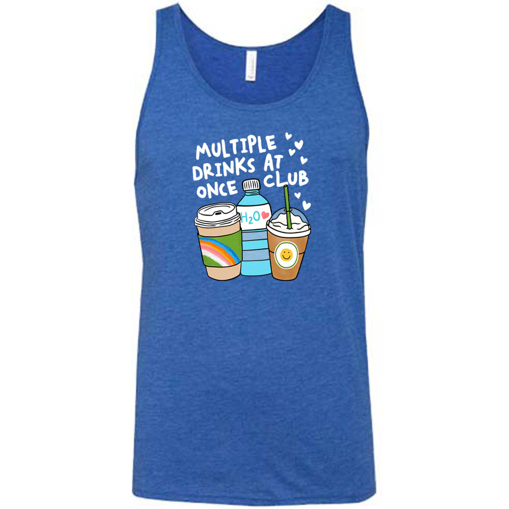 Blue colored tank with an assorted cup collection graphic on it that says "Multiple Drinks at Once Club"